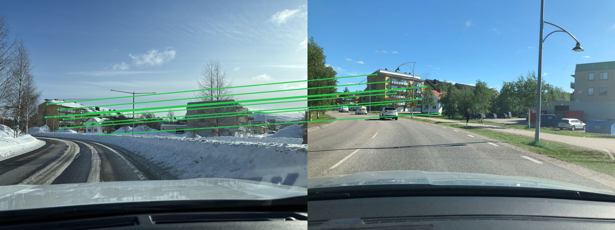 Snow query (left) and its paired summer prior (right) with green correspondence lines drawn between matched features that survive the seasonal change.