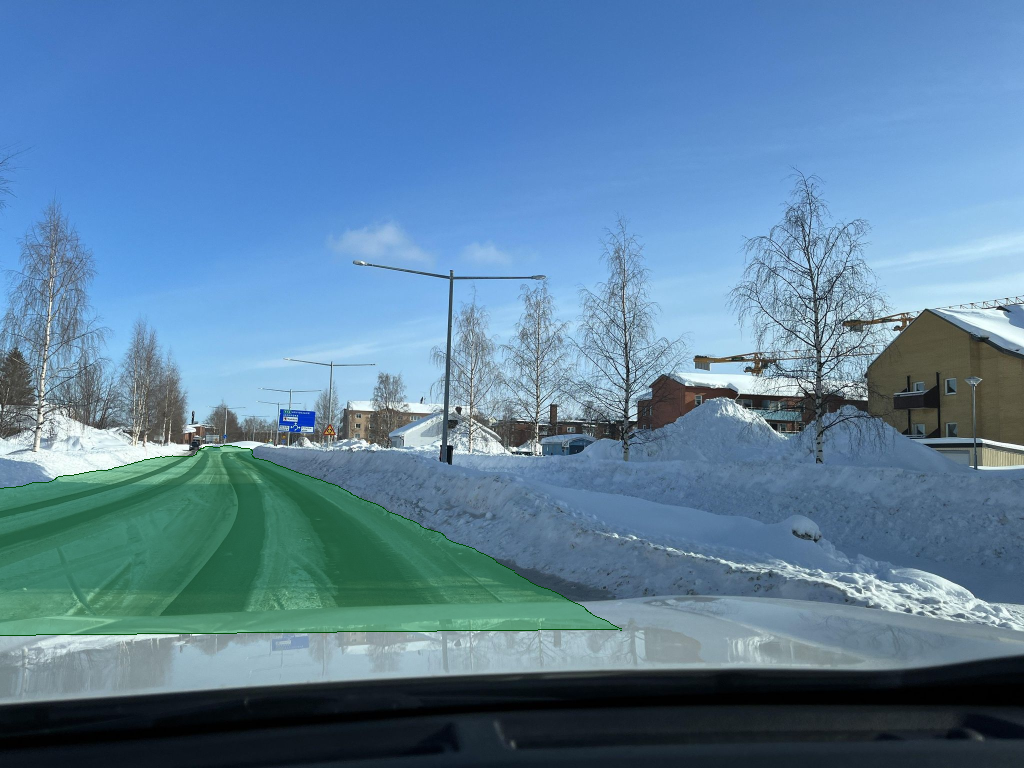 Cross-season overlay: green road mask transferred from the summer prior onto the snow frame.