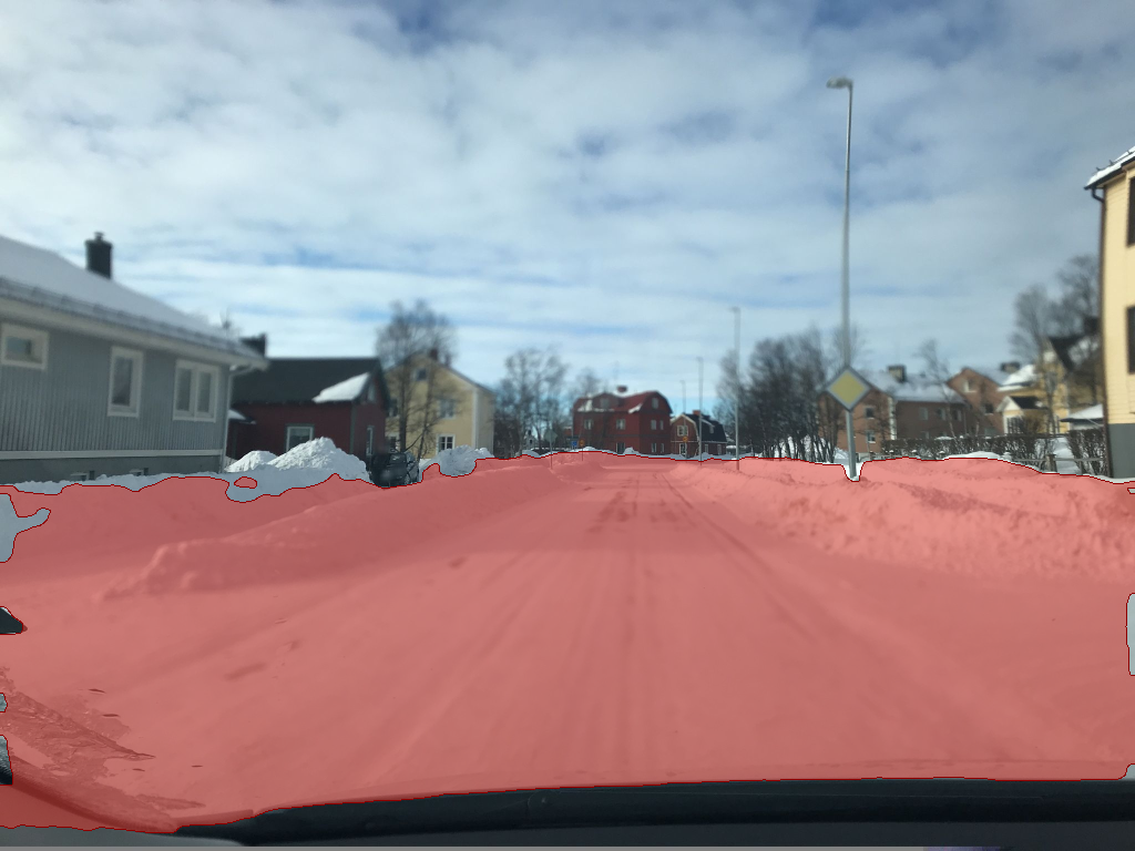 Naive Cityscapes road segmentation on the Kiruna snow frame.
